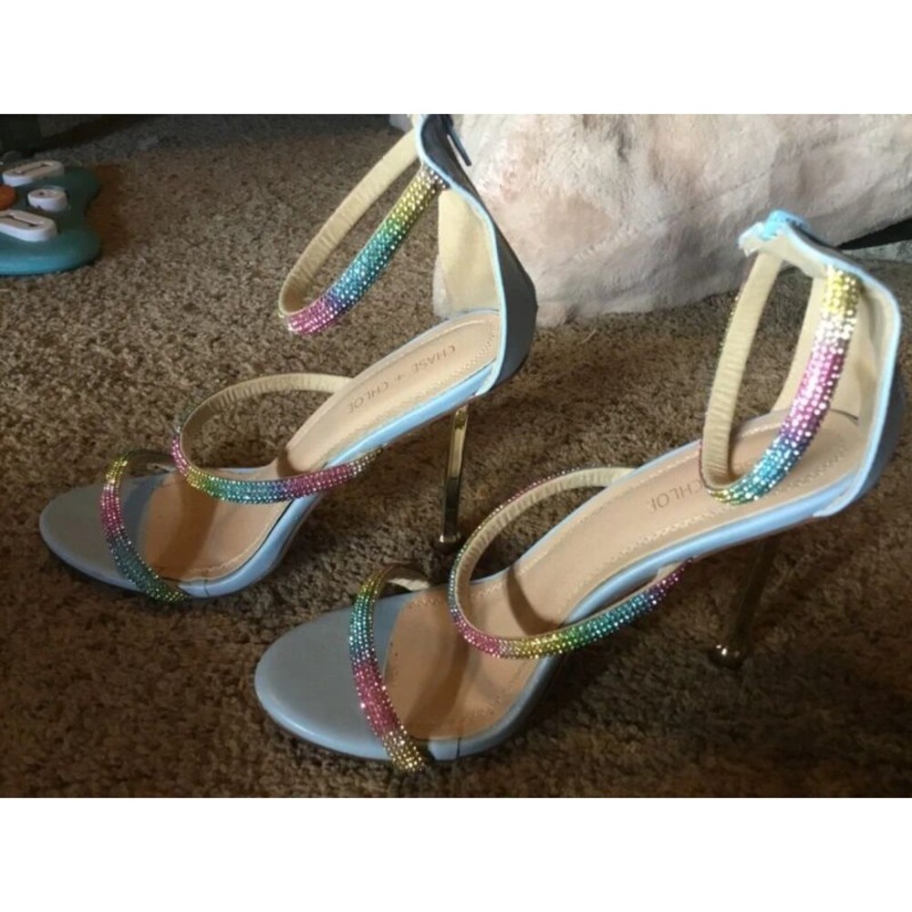 Y2K Rainbow Rhinestone Pastel Blue Stiletto Sandal Heels Size 10